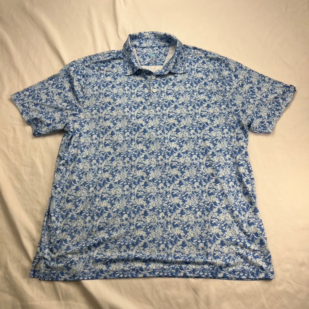 ANGLR Performance Golf Athletic Blue White Distressed‎ Floral Polo Shirt